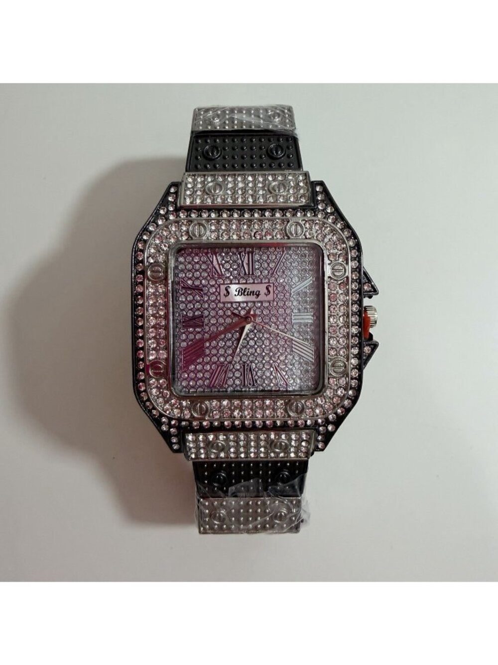Bling Mens Rhinestone Iced Out Square Face Silver/Grey Wrist Watch